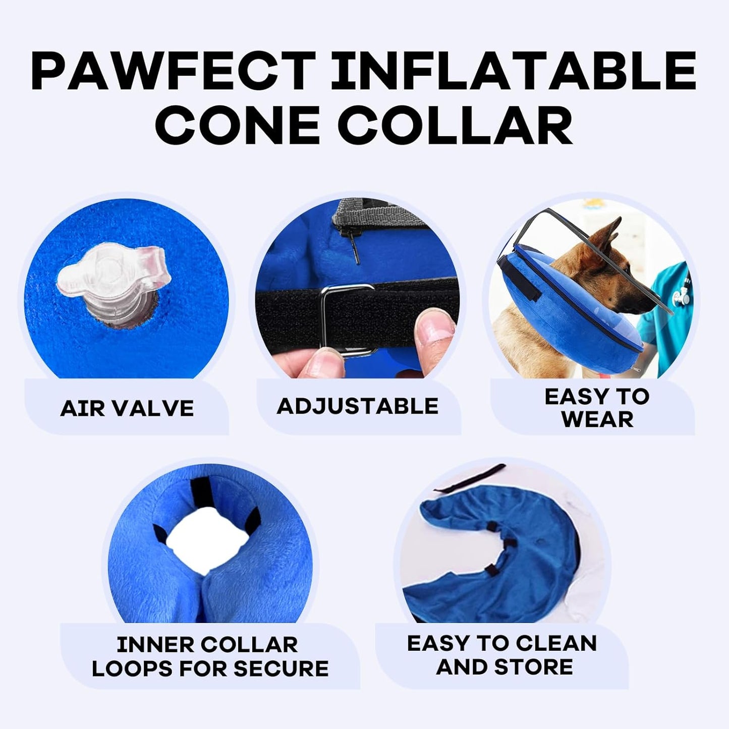 Inflatable Surgery Collar for Dogs-Enhanced Anti-Licking Protective Cone with Adjustable Strap (Blue, L)