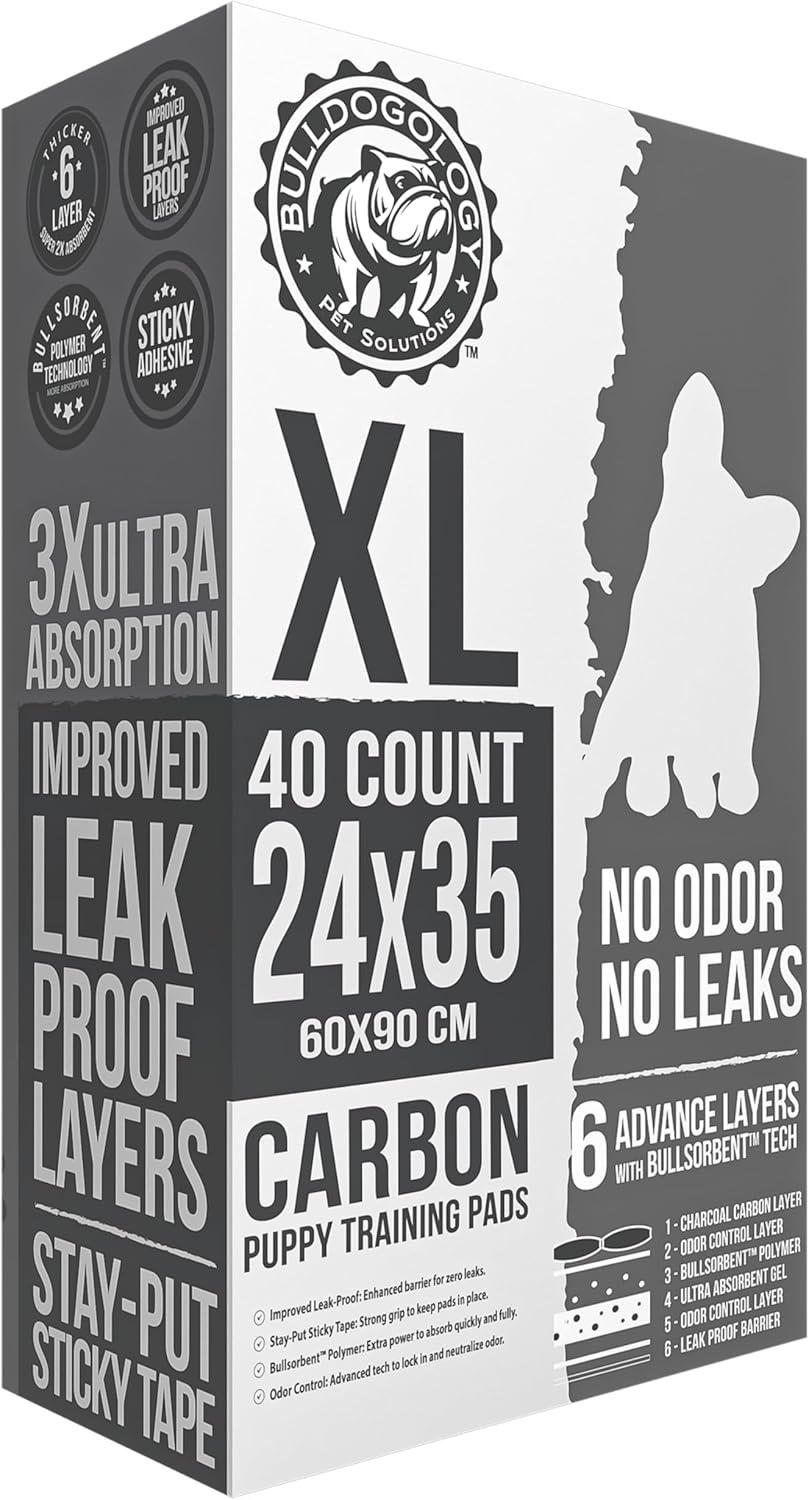Bulldoglogy Carbon Black XL Dog Pee Pads for Extra Large Dogs with Adhesive Sticky Tape - Extra Large Charcoal Housebreaking Dog Pee Pads Disposable (24x35) (40-Count, Black)