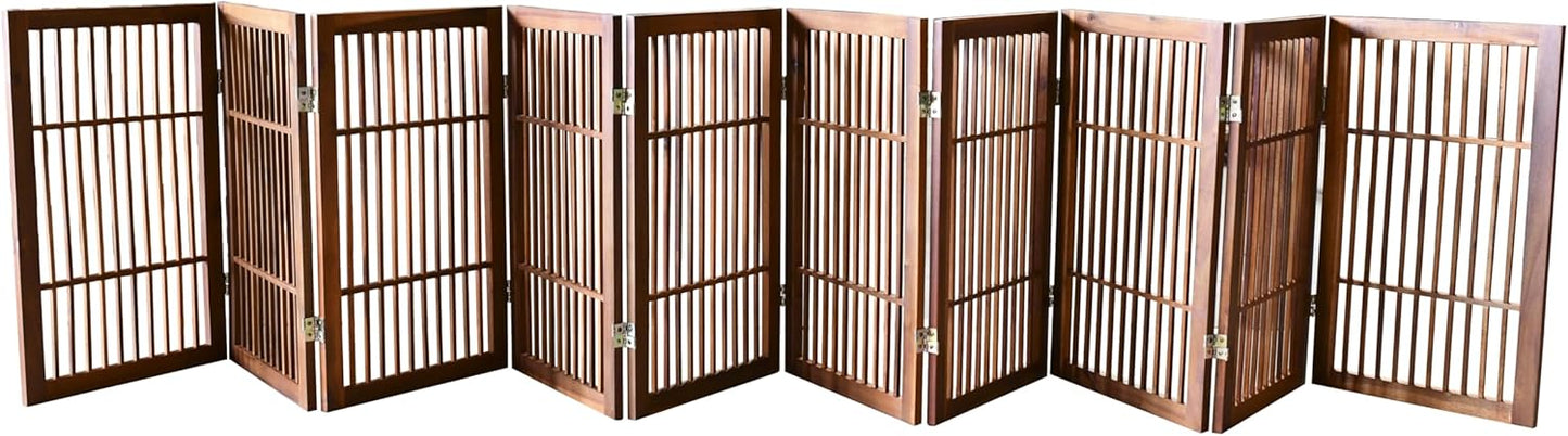 Pet Dog Gate Strong and Durable Freestanding Folding Acacia Hardwood Portable Wooden Fence Indoors or Outdoors by Urnporium (Brown Pet Gate, 10 Panel 30" Tall)