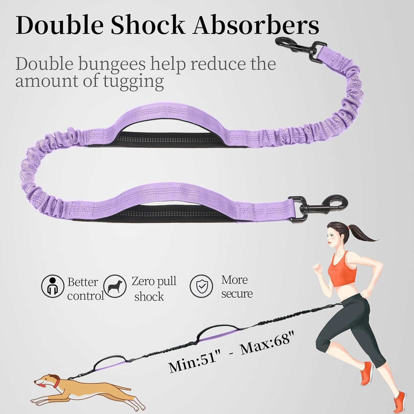 iYoShop Hands Free Dog Leash with Zipper Pouch, Dual Padded Handles and Durable Bungee for Walking, Jogging and Running Your Dog (Lavender, 8-25 lbs, Medium)