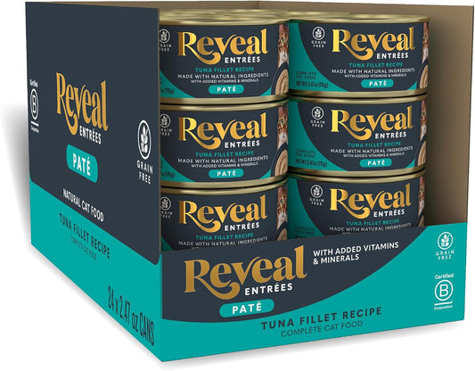 Reveal Entrées Natural Wet Cat Food Paté, Grain-Free with Added Vitamins & Minerals, Carrageenan-Free Protein, Tuna Fillet Paté Recipe (24 x 2.47 oz Cans)