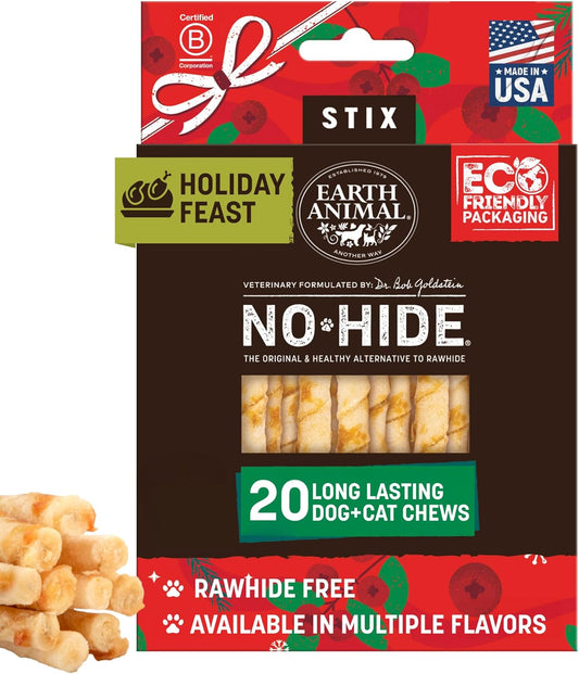 Earth Animal No-Hide Seasonal Stix Holiday Feast Recipe Natural Rawhide Alternative Dog & Cat Chews - 20 Count Value Pack