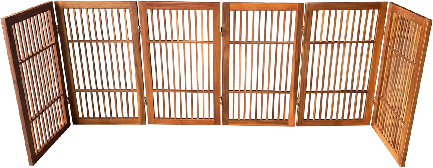 Pet Dog Gate Strong and Durable Freestanding Folding Acacia Hardwood Portable Wooden Fence Indoors or Outdoors by Urnporium (Brown Pet Gate, 6 Panel 30" Tall)