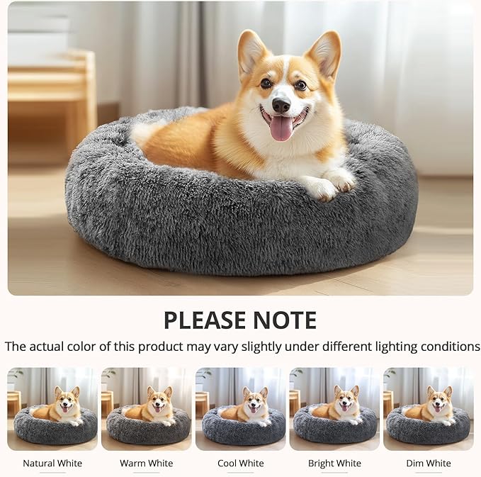 JOLLYVOGUE Medium Calming Dog Bed, Anti-Anxiety Donut Cuddler Cat Bed with Anti-Slip Bottom, Fluffy Faux Fur Machine Washable Pet Cushion for Medium Dog & Cat, 27"/Smoke Black