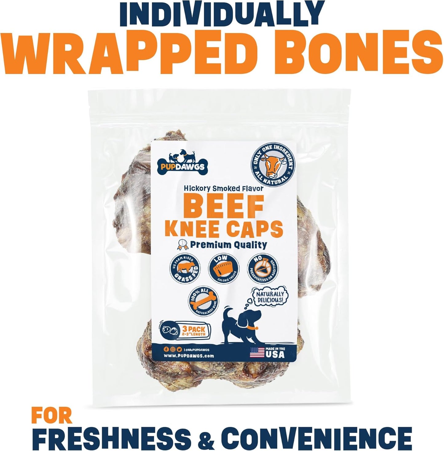 Beef Knee Cap Bones for Dogs Made in The USA | Single Ingredient Long Lasting & Protein Rich (3 Piece Pack)