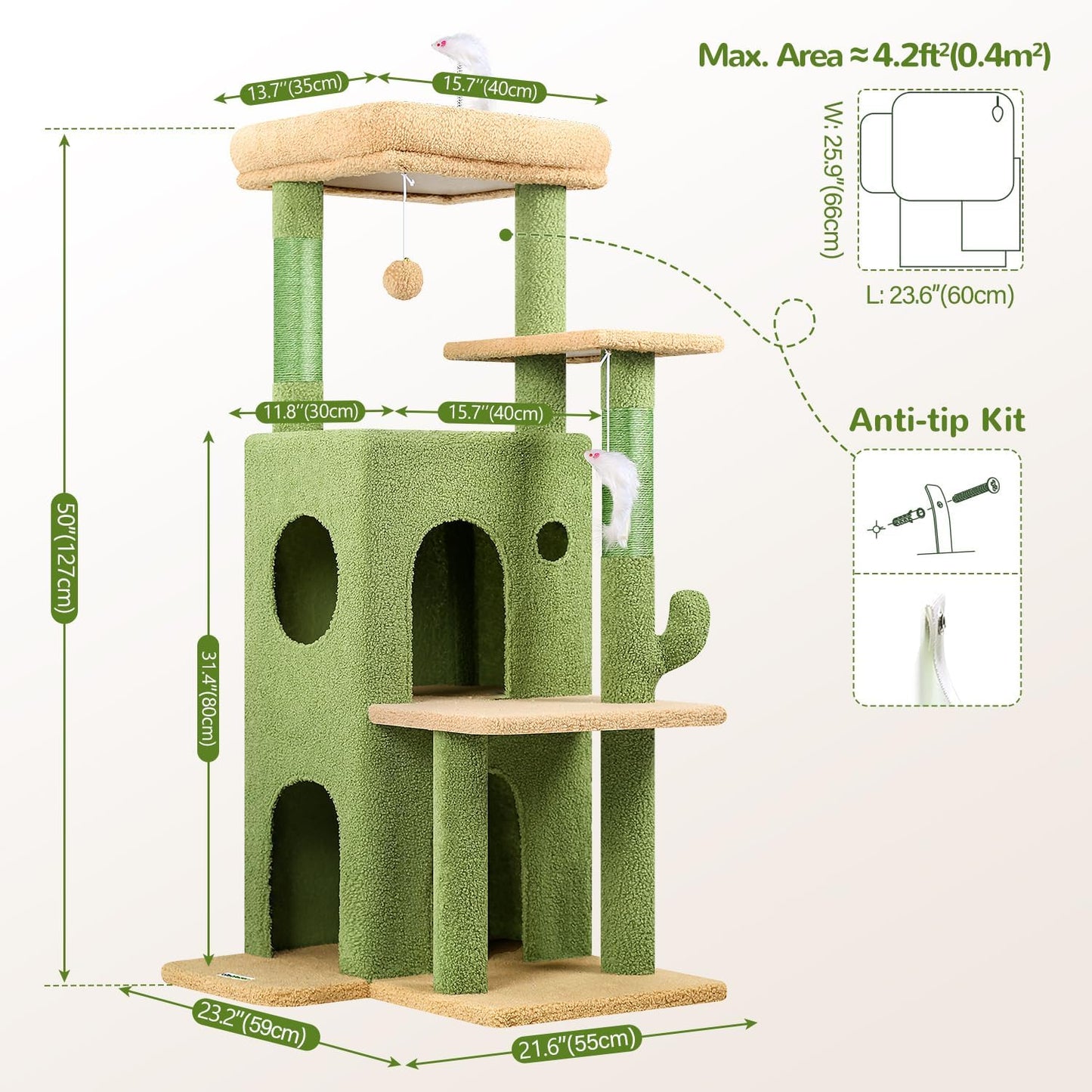 Globlazer Cactus Cat Tree Tower for Indoor Cats, 50-inch Adult Cat Tree House for Large Adult Cats with Steps, Scratching Post, 2 Cat Caves, Dangling Toys, FC50, Green