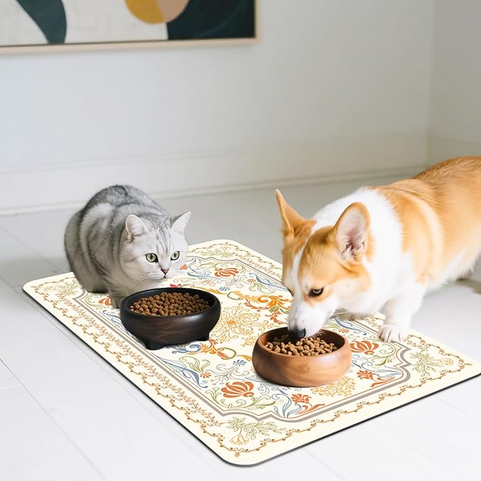 Pet Feeding Mat, Absorbent Cat Dog Mat for Food and Water Bowls Floors, No Stains Quick Dry Cat Dog Feeding Water Bowl Mats for Sloppy Drinkers, Pet Feeding & Watering Supplies (Boho, 12"x 20")