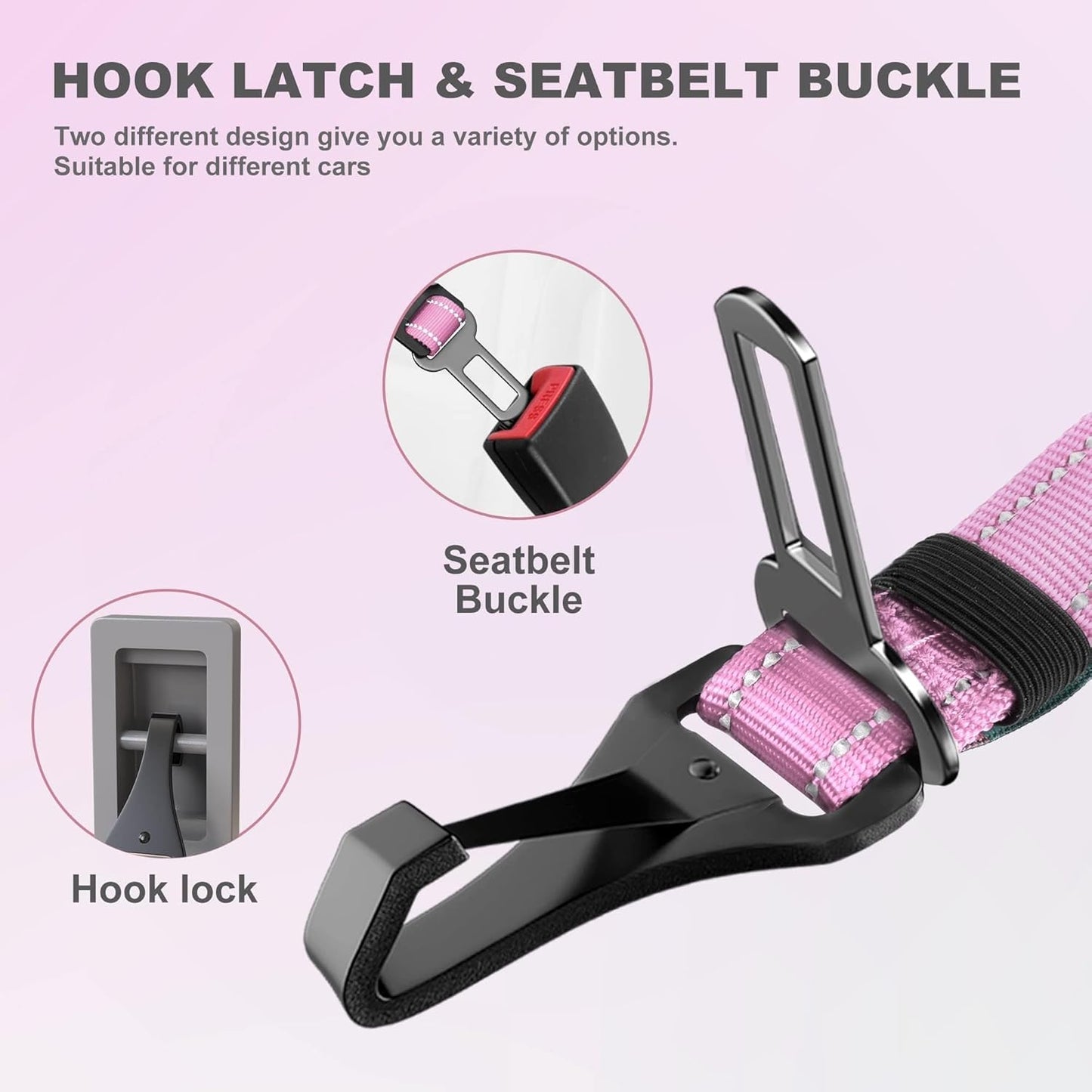 IOKHEIRA Dog Seat Belt 3-in-1 Car Harness for Pets Adjustable Safety Seatbelt Nylon Reflective Bungee Fabric Dog Car Harness with Clip Hook Latch & Buckle, Swivel Zinc Alloy Carabiner (Pink)