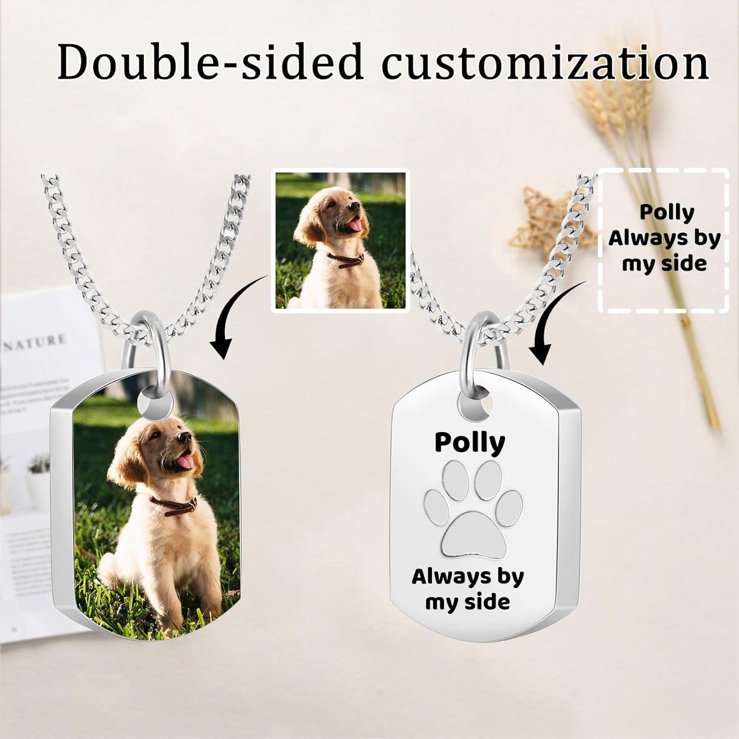 Personalized Pet Urn Necklace for Dog Ashes Custom Engraving Photo Text Pet Cremation Jewelry Customize Memorial Gift for Pet Dog Cat Ashes Necklace(04-Silver)