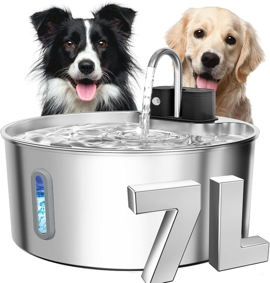 Dog Water Fountain for Large Dogs, 7L/1.8Gal 4200mAh Cordless Dog Water Dispenser, Stainless Steel Automatic Pet Water Fountain Indoor/Outdoor with Ultra-Quiet Pump Multi-Filter, Easy Clean