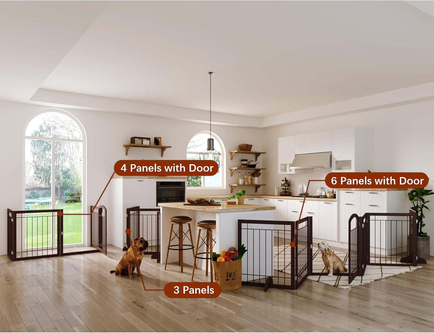 JSB 144-inch Extra Wide 30-inch Tall Dog gate with Door Walk Through, Freestanding Pet Gate for Halls, Stairs & Home, Pet Puppy Safety Dog Fence with 2PCS Support Feet (Espresso)