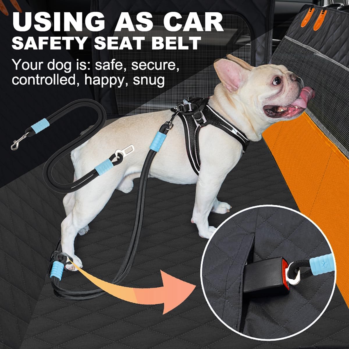 Dog Car Seat Cover, 4-Layer Waterproof Back Seat Protector with Mesh Windows,3 Accessories Pockets Nonslip Pet Hammock Style for Cars Trucks SUVs, Include 1 Dog Safety Belt (Black-Orange)