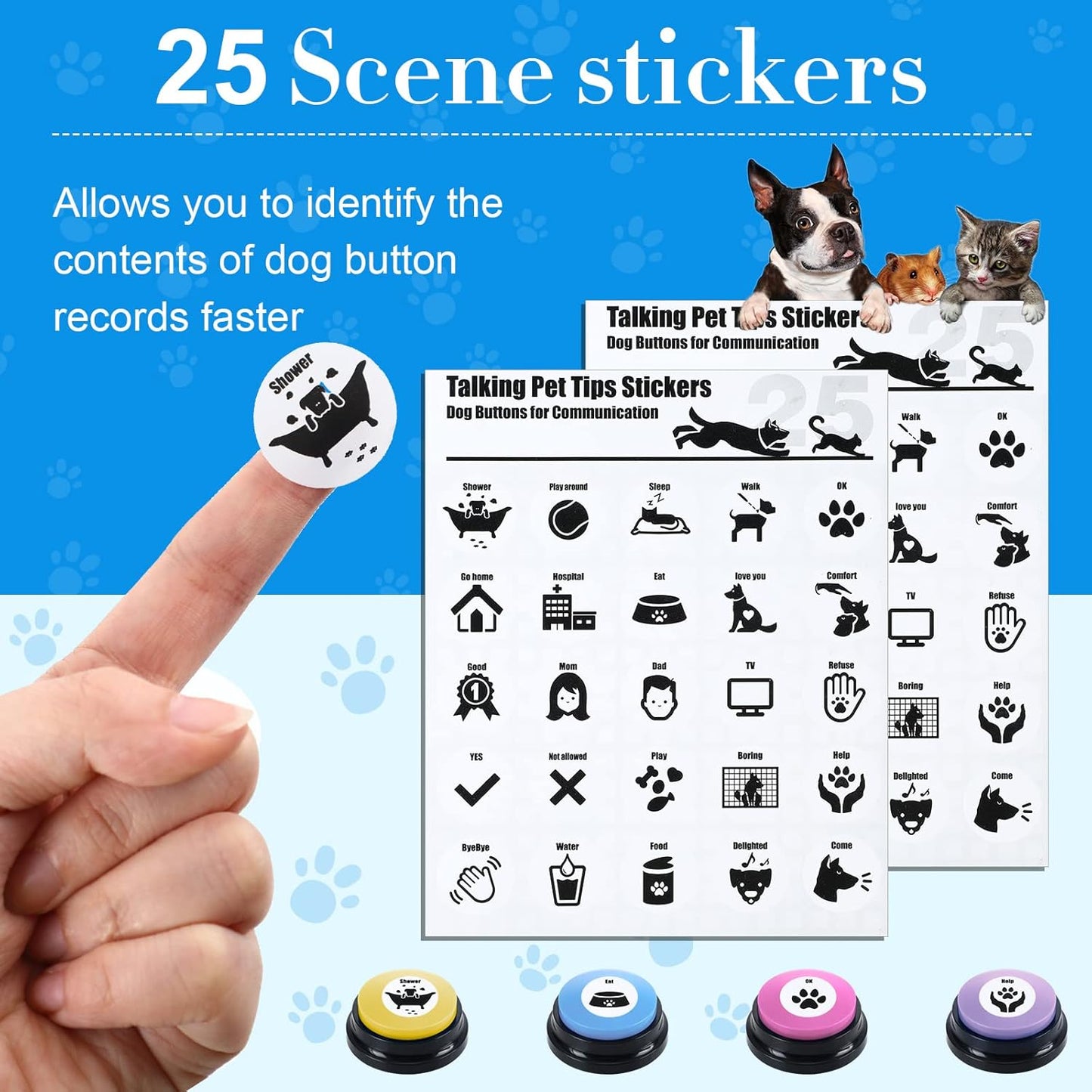 Jerify 16 Pieces Dog Buttons for Communication Voice Recordable Cat Dog Talking Buzzers Set with Stickers 30 Seconds Pet Speech Training Buttons for Pet Cat Training Interactivity(Classic Colors)