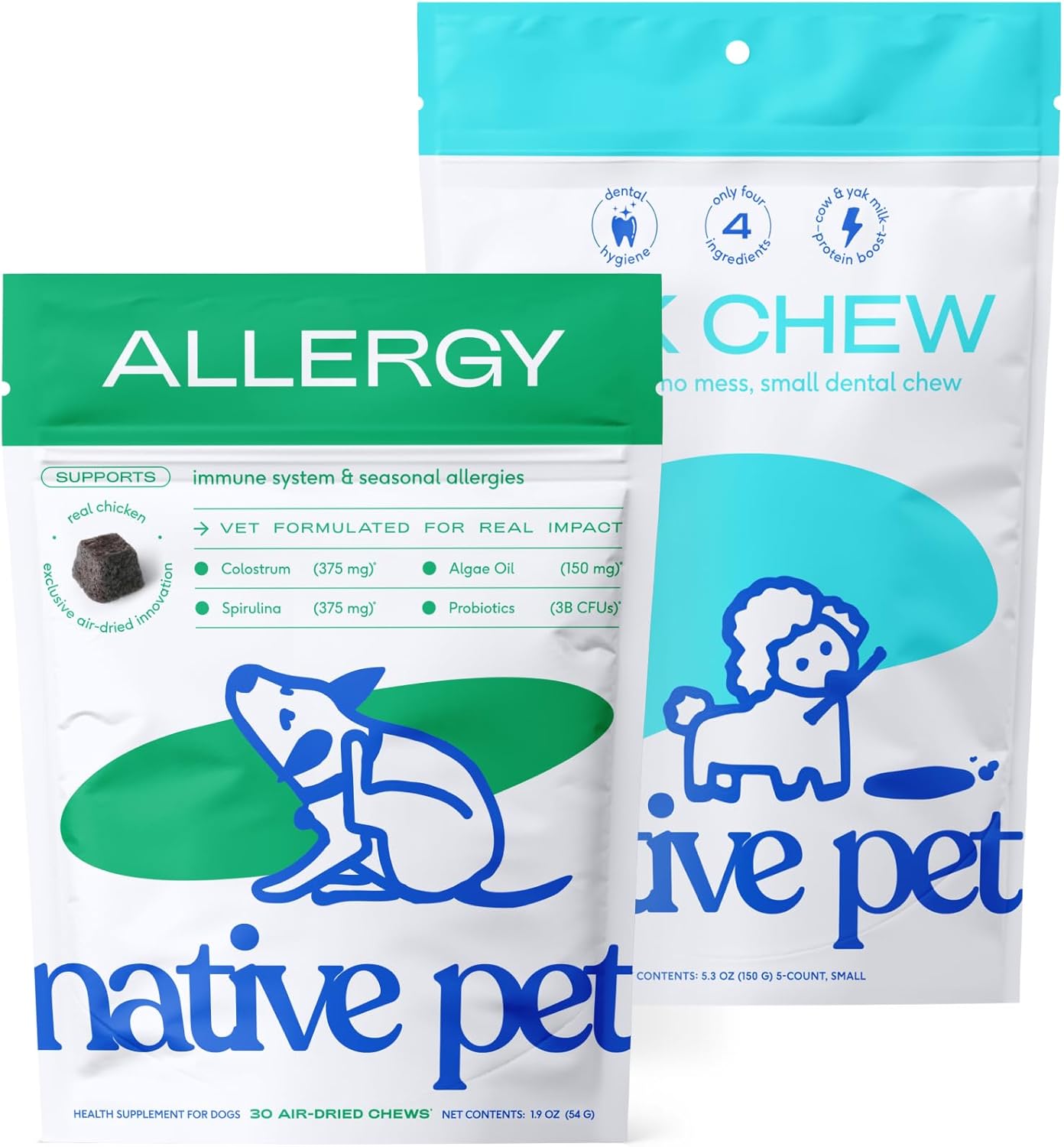 Native Pet Allergy Chews (30 Air-Dried Chews) & Yak Chew (5 Small Chews) - All Natural Dental Sticks Made with Yak Cheese - Soothing Itchy Skin & Digestive Support
