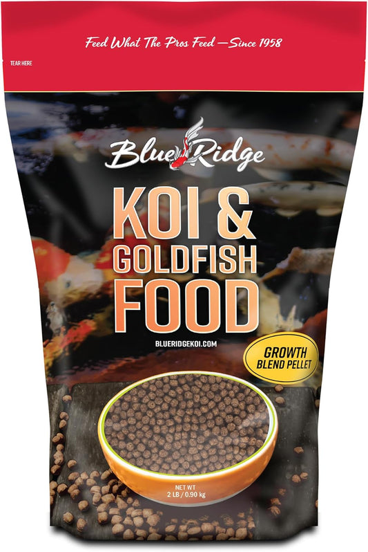 Blue Ridge Koi Fish Food 2lb - Koi Food 3/16” Large and Mini Blend Growth Formula, Goldfish Food, Premium Fish Food for Ponds, Ponds Fish Food, Floating Pond Pellets