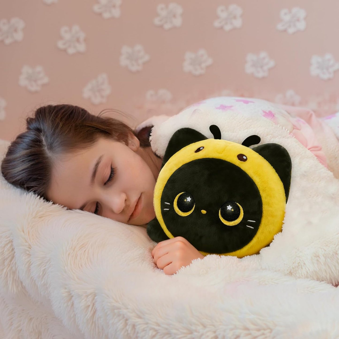 Cute Black Cat Bee Plush Pillow, Kawaii Plushies Bee Stuffed Toy, Kitten Plushies with Honeybee Outfit Costume, Soft Squishy Bee Gift for Girls & Kids (8 Inch)
