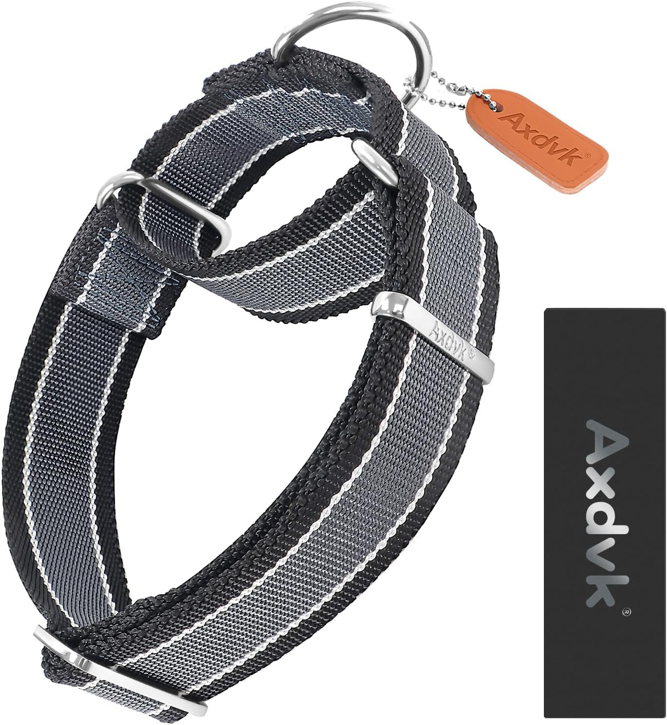 Martingale Collar 1.5 Inch Wide 1600D Extra Strong Anti Escape Nylon Dog Collar, No Pull Heavy Duty Pet Collars with 3-Color Stripe for Medium Dogs (M, Gray Blue & Black)