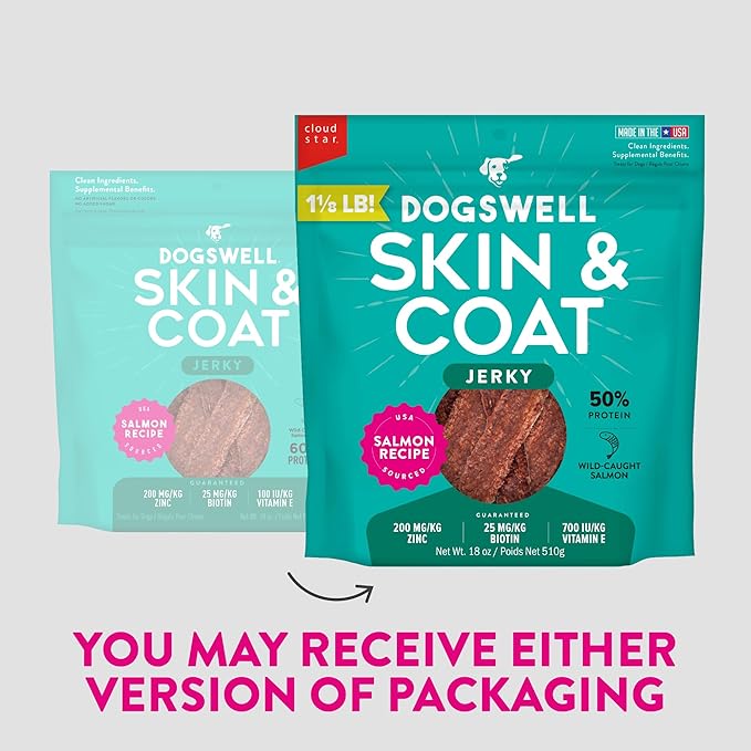 DOGSWELL Jerky Treats for Dogs, Skin and Coat Salmon Recipe 18 oz., 29235