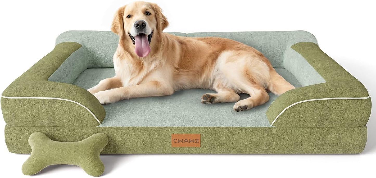 Extra Large Dog Bed, Orthopedic Dog Bed with Cooling Gel Memory Foam, Waterproof XL Pet Bed with Removable Washable Cover, 42" Pet Sofa Couch Dutch Velvet with Bone Toy, Dark Green