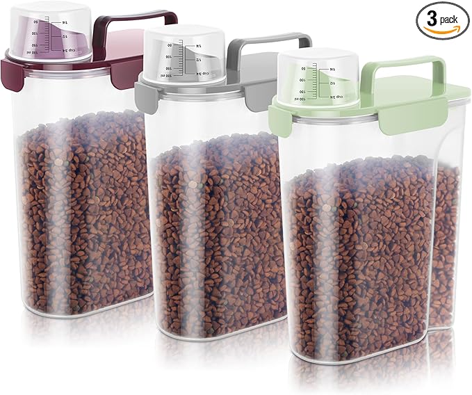 10-20Lbs Portable Cat Dog Food Storage Container with Upgraded Large Spout and Cup Dispenser for Small Large Animal Kibble, Pet Bird snack, Oatmeal, Rice, Flour, Brown Sugar-3 Pack Purple Gray Green
