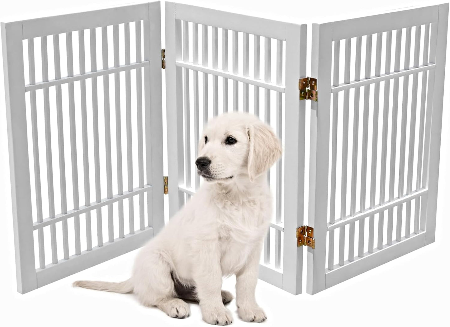 Pet Dog Gate Strong and Durable Freestanding Folding Acacia Hardwood Portable Wooden Fence Indoors or Outdoors by Urnporium (White Pet Gate, 3 Panel 24" Tall)