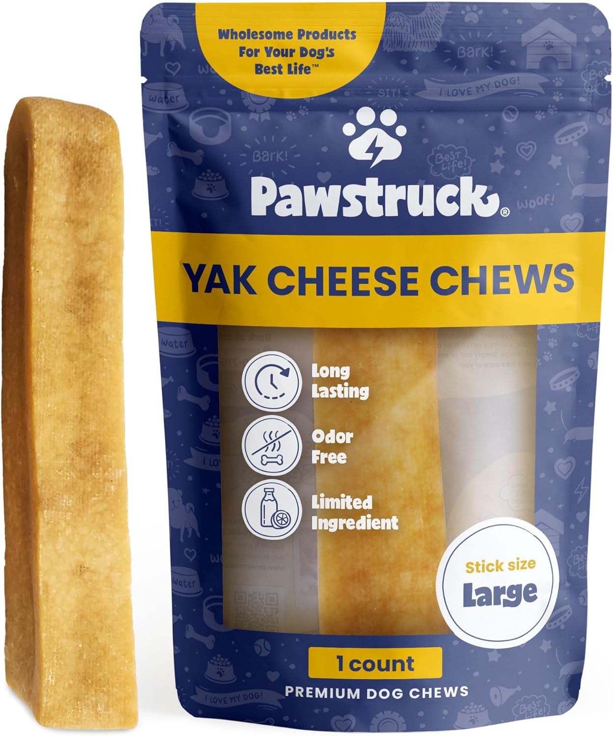 Pawstruck Large Himalayan Yak Dog Chew (6-7 oz) - Natural Yak & Cow Milk Cheese Long-Lasting Treat for Dog Chew Stick - 1 Count - Packaging May Vary