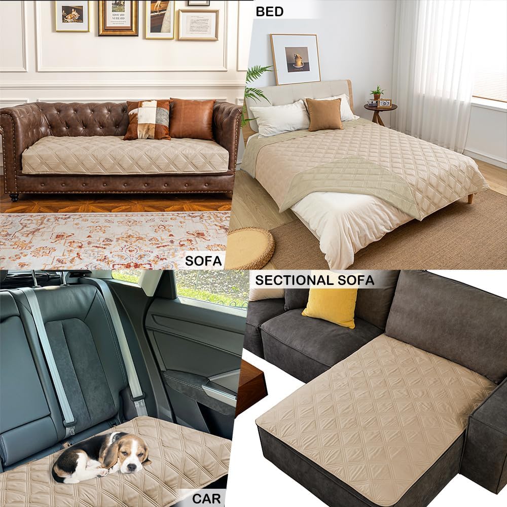 fuguitex Waterproof Dog Blanket Reversible for Small Dogs Resistant Leakproof Washable Couch Cushion Bed Protector Cover for Indoor Furniture Pet Friendly（68"*82",Beige+Khaki
