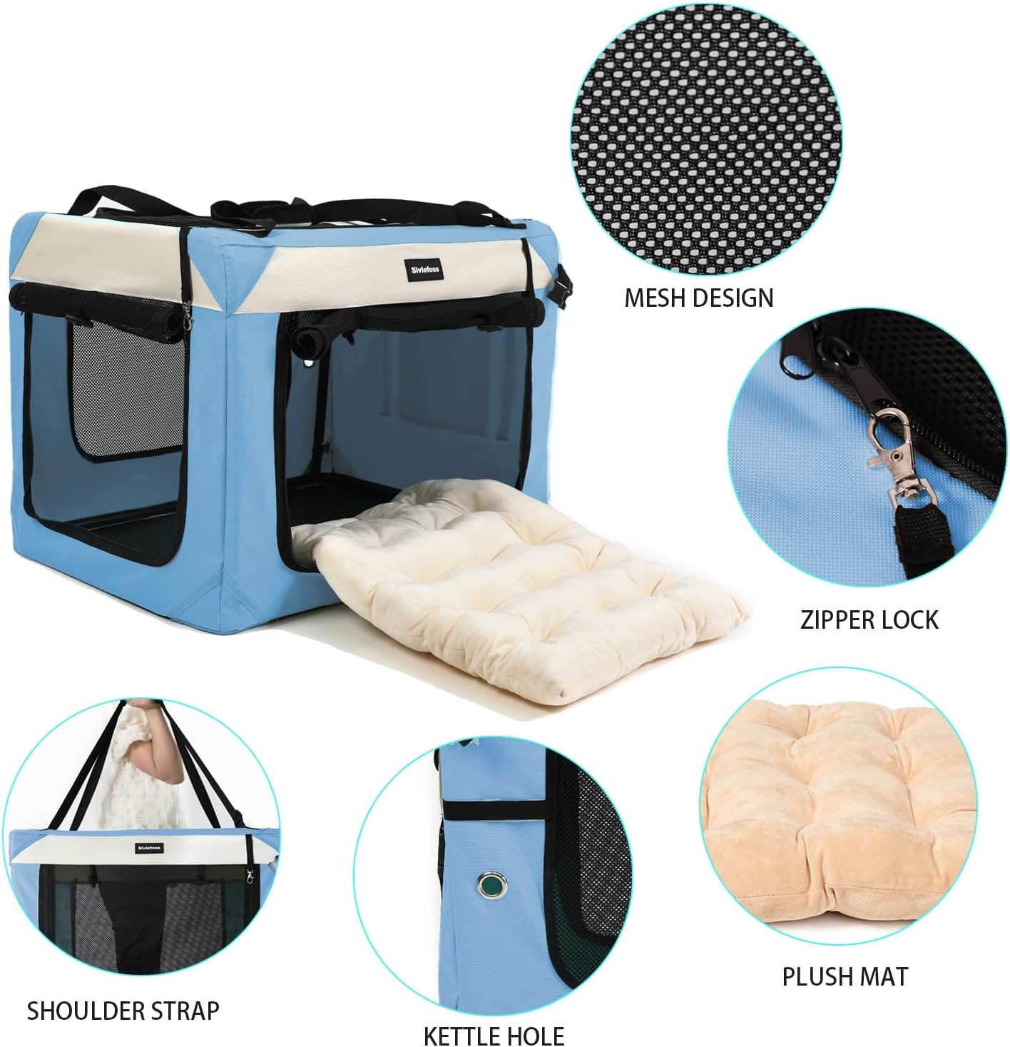 Large Cat Carrier Collapsible Travel Dog Crate Portable Soft-Sided Pet Kennel with Super Soft Warm Plush Pillow for Indoor and Outdoor 20x14x14in,Sky Blue