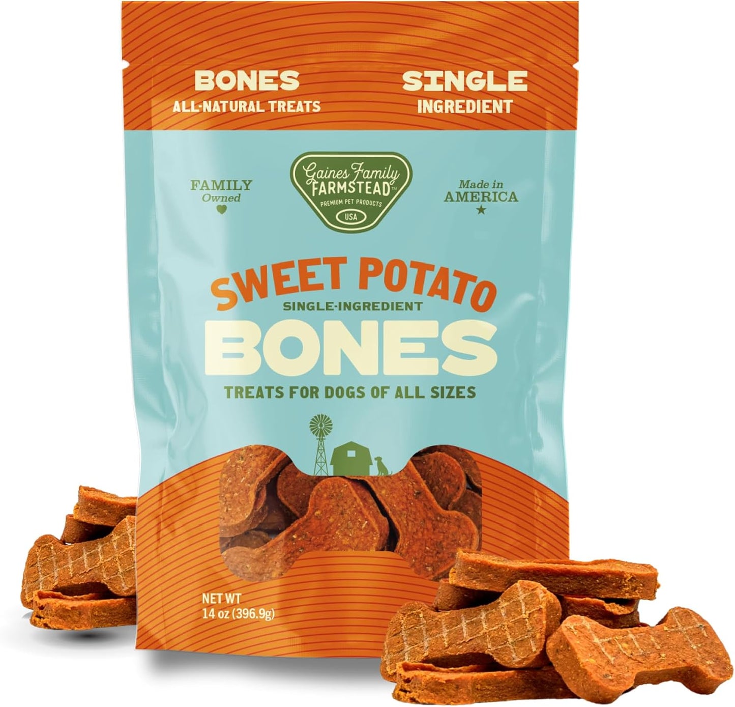 Gaines Family Farmstead Sweet Potato Dog Bones – 14 oz Bag, All-Natural, Single Ingredient, Grain-Free Dog Treats for Digestive Health, High Fiber - Training & Rewards, Made in USA
