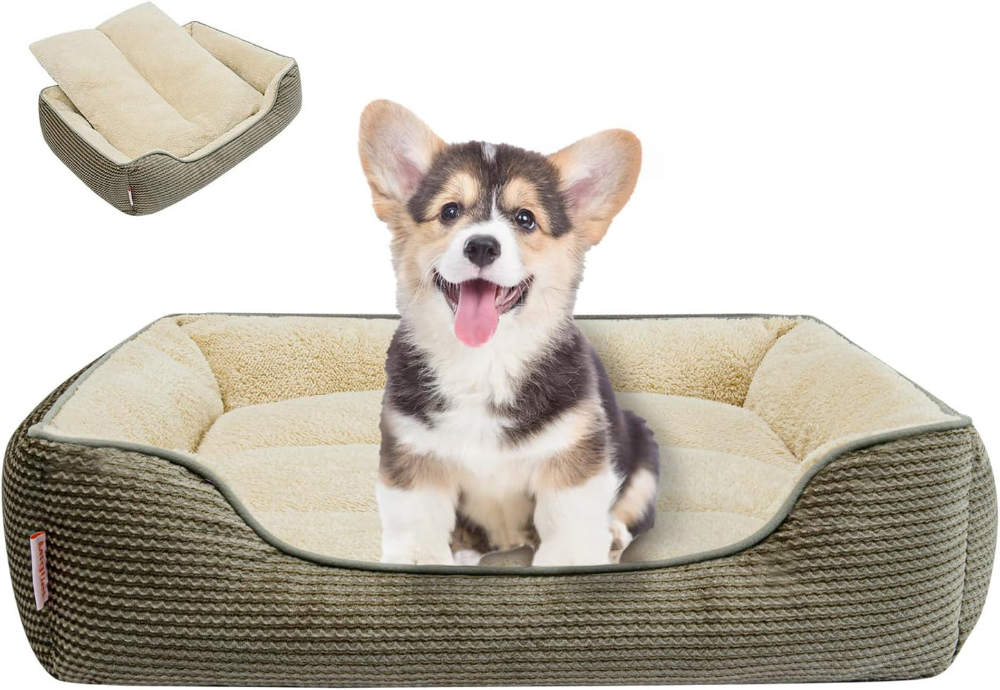 Miguel Dog Bed with Removable Cushion/Pillow for Small Dogs, Washable Pet Bed with Side Easy to Wash Puppy Bed, Rectangle Cat Beds for Indoor Cats with Anti-Slip Bottom, Khaki 20 Inch