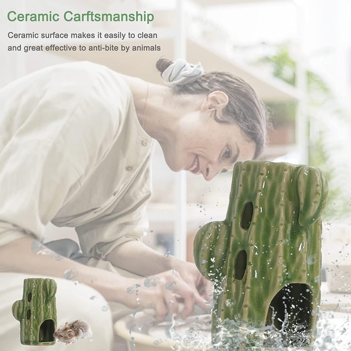 Hamster Water Bottle for Glass Tank, 3-in-1 Adjustable Ceramic Cactus Water Bottle Stand with Holder Dispenser 80ML No Drip for Syrian Dwarf Mice Rat Gerbil Guinea Pig