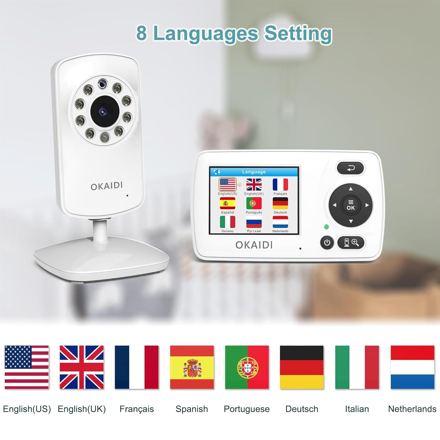 OKAIDI Video Baby Monitor with Camera and Audio, 2.4'' Portable Travel Baby Monitor No WiFi, Infrared Night Vision, VOX Mode, 1000ft Long Range, Ideal for Baby/Pet/Elderly