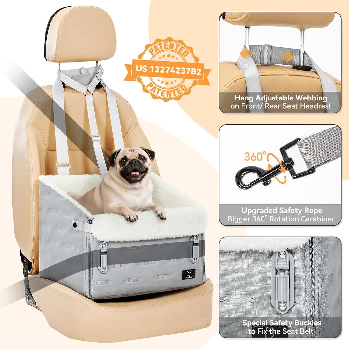 A 4 Pet Dog Car Seats for Small/Medium Dogs, Booster Car Seat with Easy-to-Install Patented Safety Buckle, Pet Seat mit Safety Leash for Dogs Under 35 Lbs