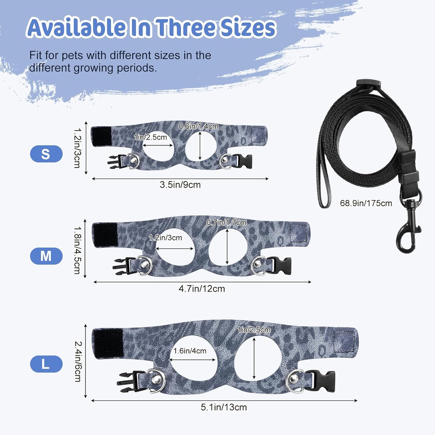 Pawaboo Adjustable Bearded Dragon Harness and Leash, 3 Size Leather Reptile Leash Outdoor Harness Leashs with Bat Wings for Lizard Reptiles Amphibians Small Pet, Small/Medium/Large, Leopard Dusty Blue