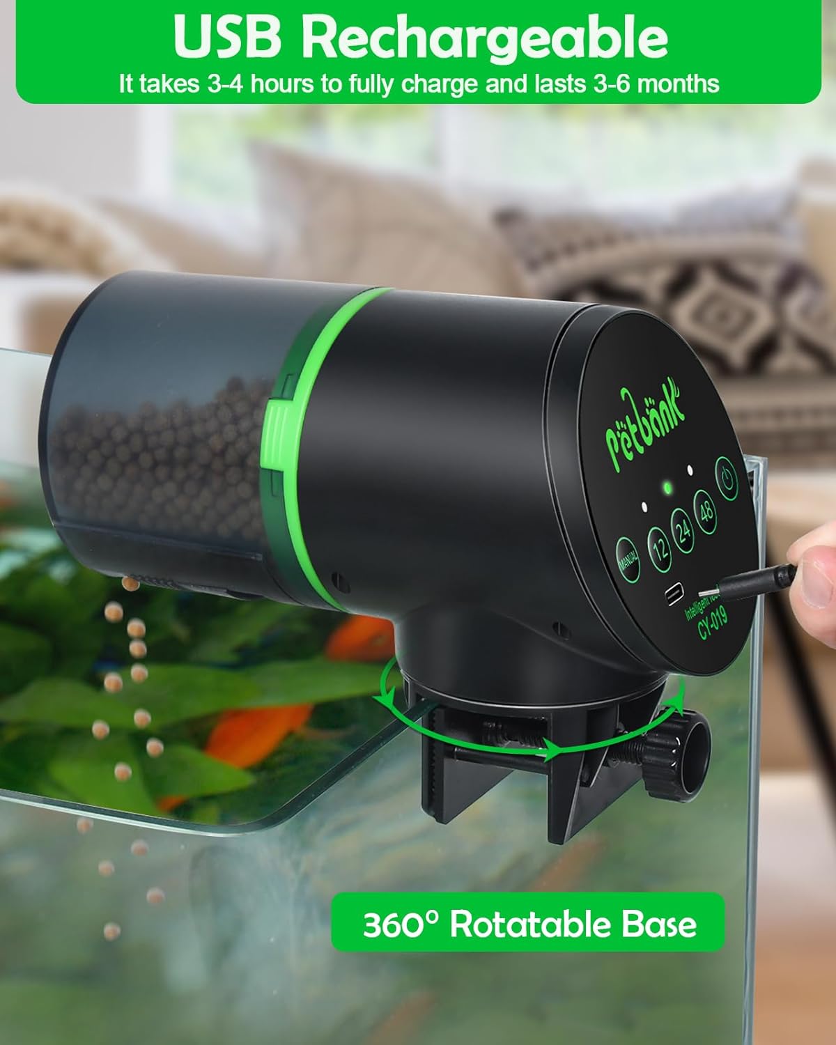 Automatic Fish Feeder for Aquarium - Auto Fish Food Dispenser Rechargeable for Small Large Tank with USB Charger Cable，12/24/48H Interval Esay Set Up (Black, CY-019)