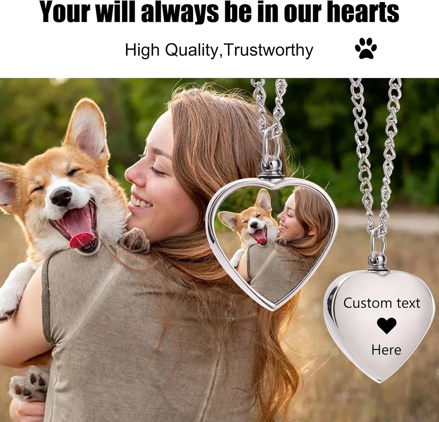 Custom Ashes Necklace Pet Memorial Gift with Photo Text,Personalized Dog/Cat Cremation Jewelry Keepsake.Double-sided customized heart-shaped pendant urn necklaces for dog cat lover Women and Men