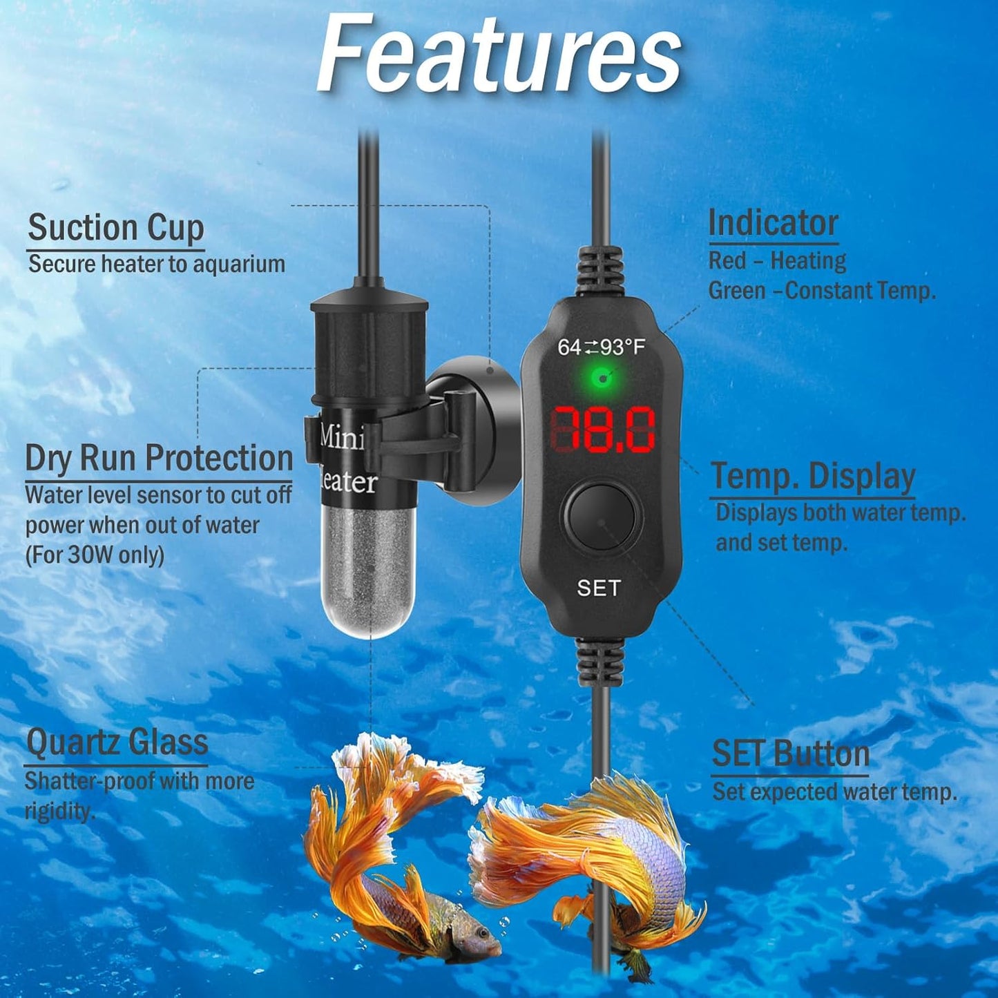 Mini Aquarium Heater 30W Super Small Fish Tank Heater with Digital Display Thermostat, Betta Tank Heater Turtle Heater Small Aquarium Heater for 4-6 Gallon Tanks