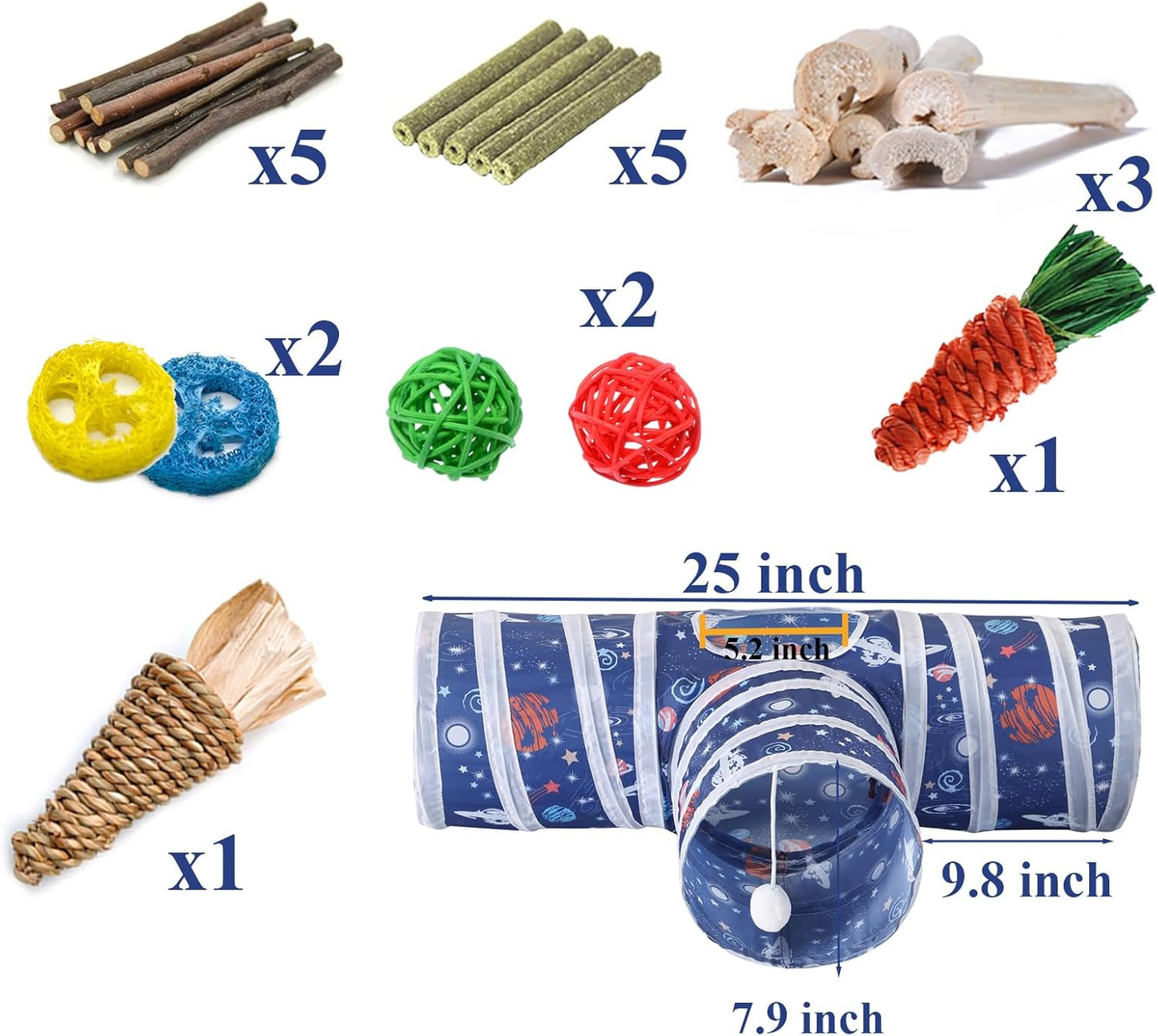 HERCOCCI Rabbit Toys, Collapsible Bunny Tunnels & Tubes 3 Way Rabbit Hideout Tunnel with Chew Toy for Bunny Guinea Pig Ferret Kitten
