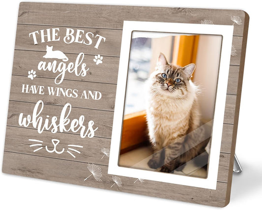 Cats Memorial Picture Frame,The Best Angels Have Wings and Whiskers,Wooden Pet Remembrance Gift for Cat Owners, Sympathy Gift for Loss of a Cat(4 x 6 Photo)
