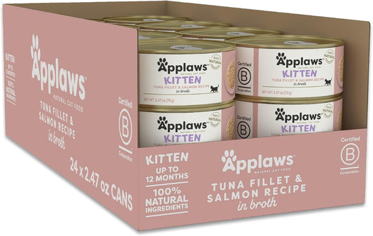 Applaws Natural Wet Kitten Food, Limited and Natural Ingredients, High Protein with No Artificial Additives, Tuna Fillet & Salmon in Broth (24 x 2.47oz Cans)