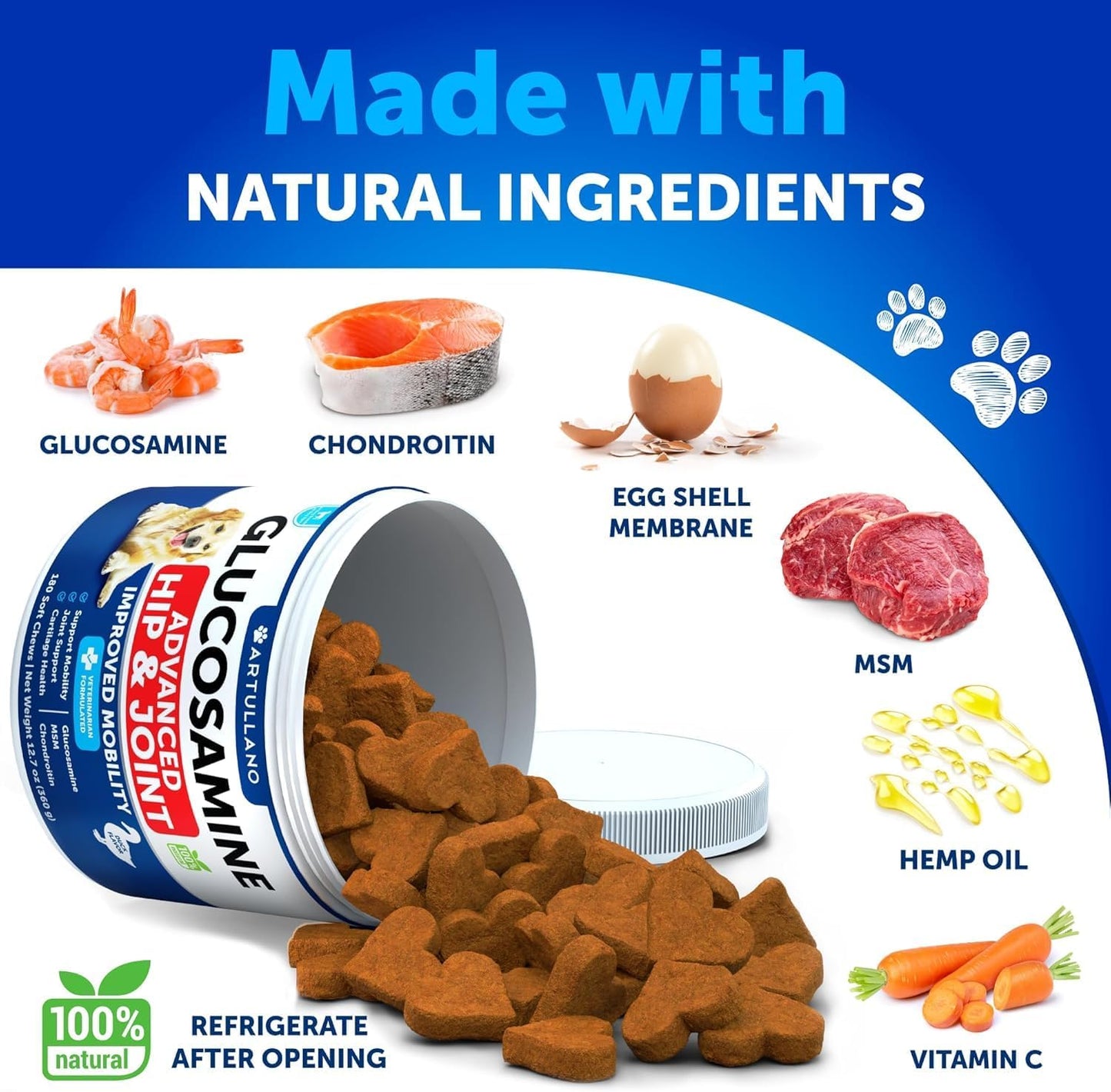 Glucosamine for Dogs - Hip and Joint Supplement for Dogs with Arthritis - Chews with Chondroitin, Hemp Oil, MSM - Canine Joint Pain Relief Health - Mobility Support for Large Breeds - 180 Soft Treats