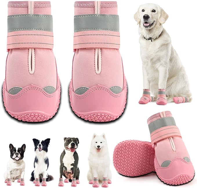 Dog Shoes for Large Dogs, Medium Dog Boots & Paw Protectors for Hardwood Floors, Outdoor Dog Booties for Hot Pavement Winter Snow Hiking, Waterproof Dog Shoes with Reflective Strips Size 4