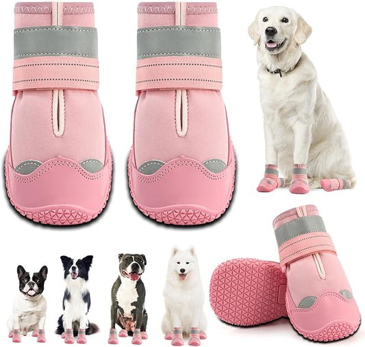 Dog Shoes for Large Dogs, Medium Dog Boots & Paw Protectors for Hardwood Floors, Outdoor Dog Booties for Hot Pavement Winter Snow Hiking, Waterproof Dog Shoes with Reflective Strips Size 8
