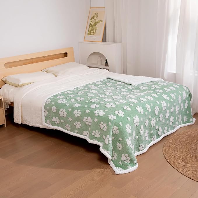 Waterproof Blanket for Dog Cat or Adult, Cute 3D Textured Paw Dog Blanket for Bed Couch Sofa, Soft Liquid Pee Proof Pet Furniture Protector, 50"x60", Green