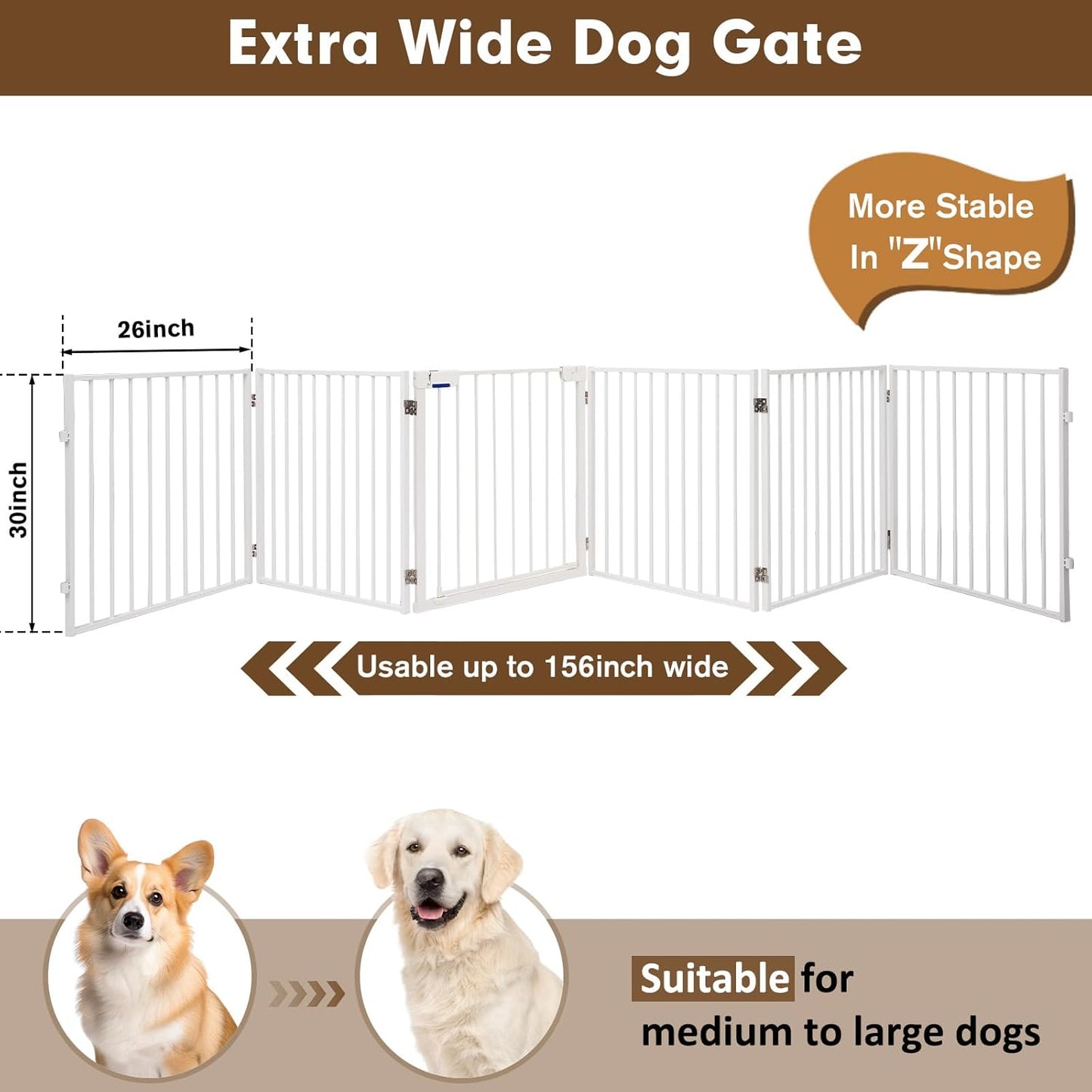 156" Dog Gate Extra Wide, Heavy Duty Metal Freestanding Dog Gate with Door for Indoor & Outdoor, Foldable Pet Fence for Doorways,House,Porch,Deck,Yard,Stairs, Auto Close(6 Panels,White)