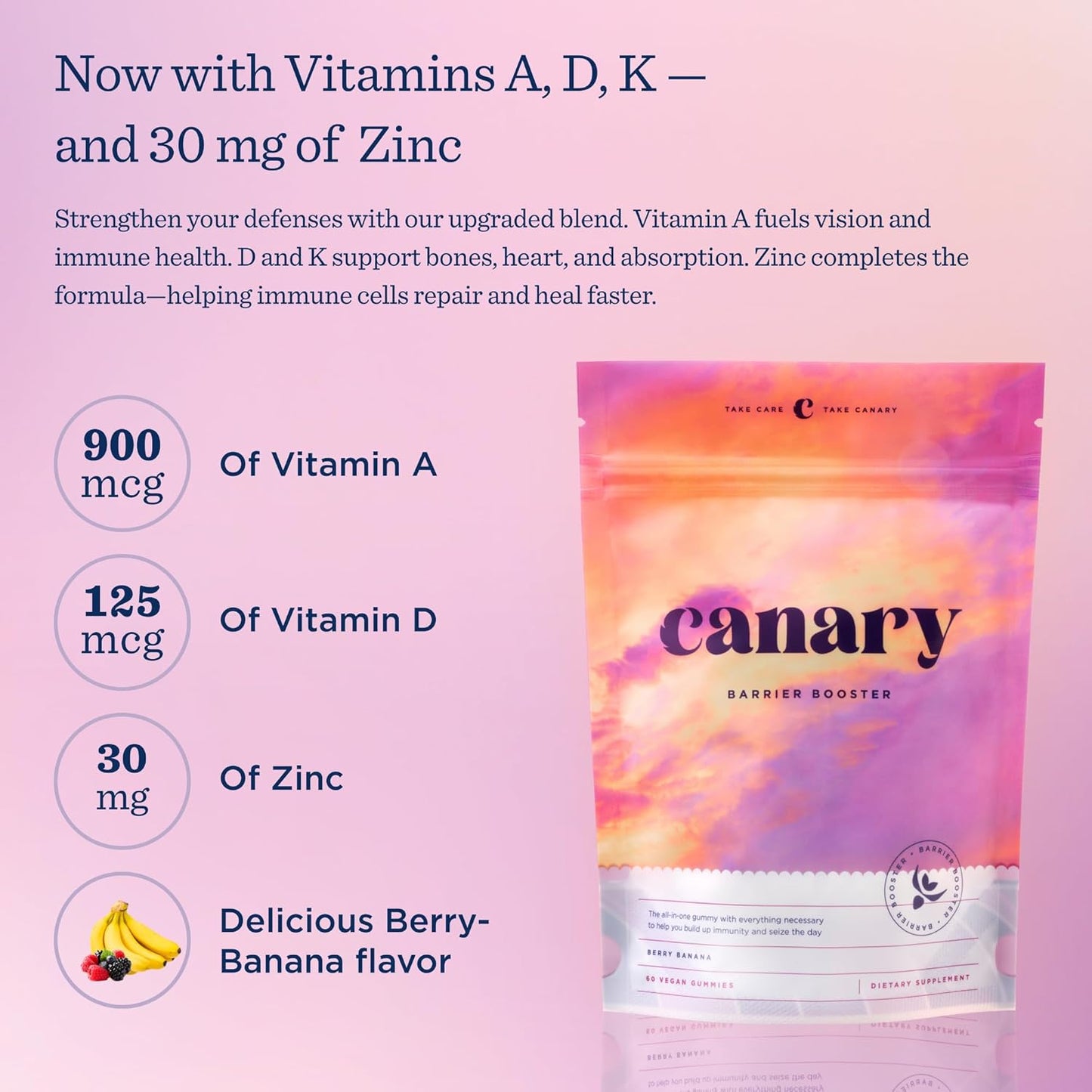 Canary Barrier Booster Vitamin A, D, & K and ZINC Immune Support Gummy - Great for Immune Support, Bone Strength, & Cardiovascular Health - Vegan Berry Banana Flavor, 60 Gummies