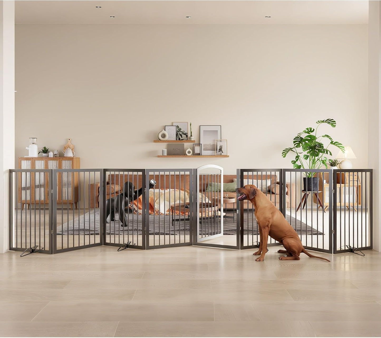 JSB 192-inch Extra Wide 30-inch Tall Dog gate with Door Walk Through,Full Matel Freestanding Round Tube Pet Gate for Halls Stairs, Puppy Safety Dog Fence with 4PCS Support Feet (Black)