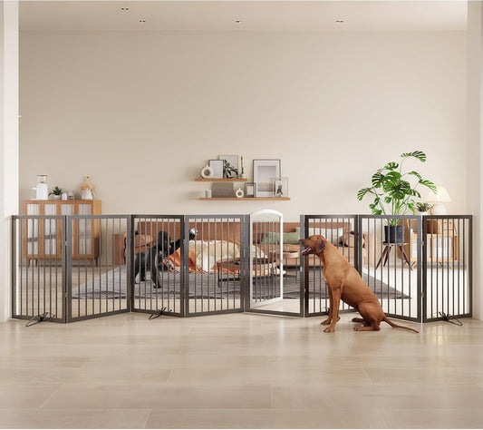 JSB 192-inch Extra Wide 30-inch Tall Dog gate with Door Walk Through,Full Matel Freestanding Round Tube Pet Gate for Halls Stairs, Puppy Safety Dog Fence with 4PCS Support Feet (Black)