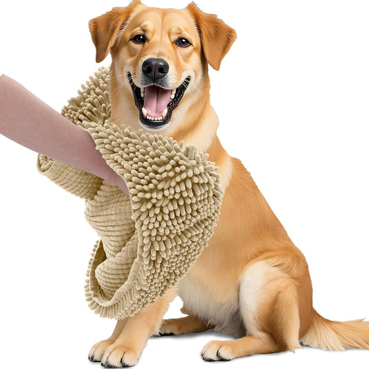 OLANLY Chenille Dog Bath Towel 31x13, Ultra Absorbent Quick Dry Pet Towel, Extra Soft Washable Plush Towel for Large Dogs & Puppies, Indoor Outdoor Use, Beige