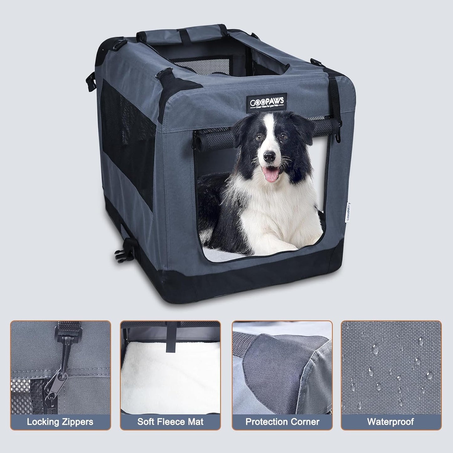 JESPET 27'' Soft Dog Crates Kennel for Pets, 3 Door Soft Sided Folding Travel Pet Carrier with Straps and Fleece Mat for Dogs, Cats, Rabbits, Grey Blue & Beige (27" L x 20" W x 20" H, Grey)
